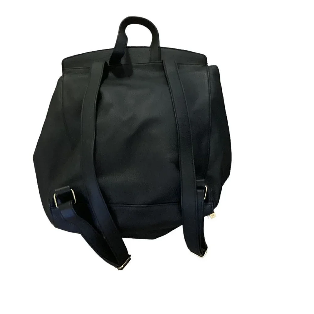Black Backpack Purse Pebbled Vegan PU Faux Leather Lightweight Gold Accents 154A